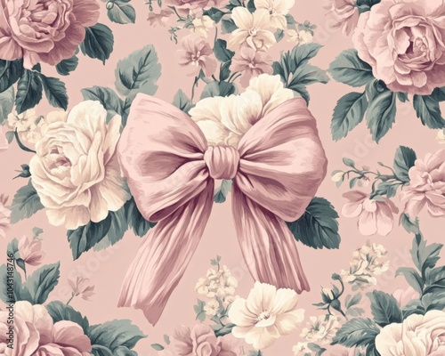 Romantic textured background, pink floral tapestry with bows photo