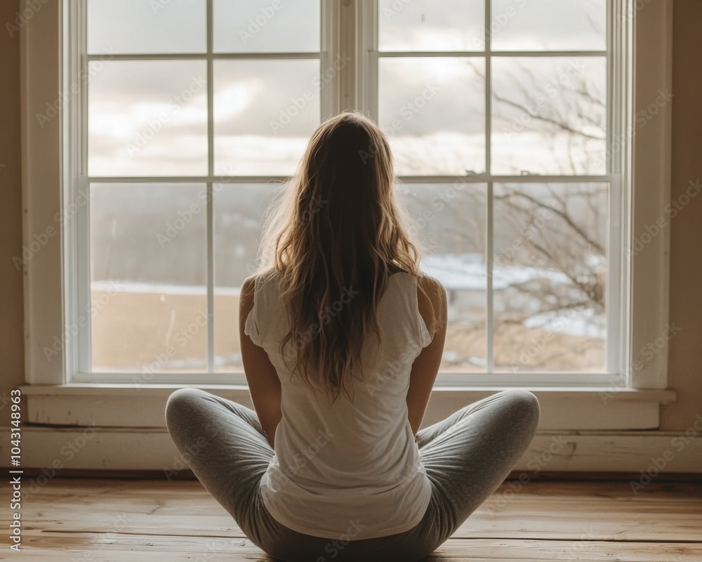 A woman meditates by the window. Balance in life, keeping calm A woman meditates by the window. Balance in life, keeping calm