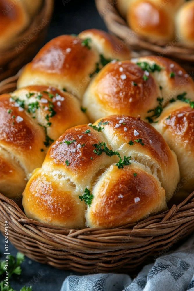 Buttery Dinner Rolls: A basket of freshly baked, golden-brown dinner rolls, brushed with melted butter and sprinkled with sea salt, with a soft and fluffy texture visible in the close-up. Buttery Dinner Rolls: A basket of freshly baked, golden-brown dinner rolls, brushed with melted butter and sprinkled with sea salt, with a soft and fluffy texture visible in the close-up.