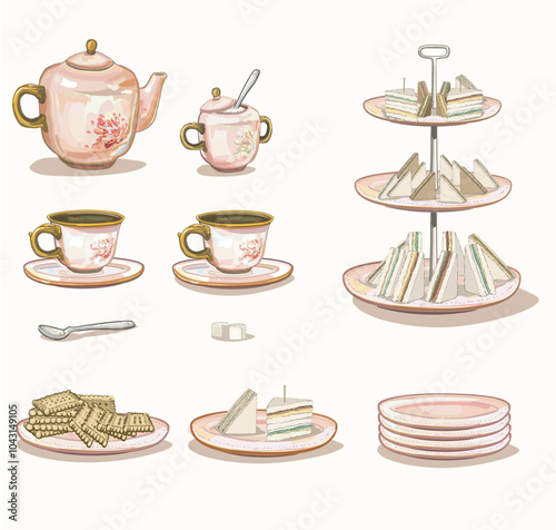 pink china porcelain ceramic set coffee cups afternoon british tea time party finger sandwich classical pottery tabeware container illustration on white background