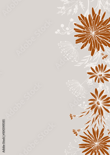 Floral card with hand drawn line art flowers. Simple vector contour graphic illustration.