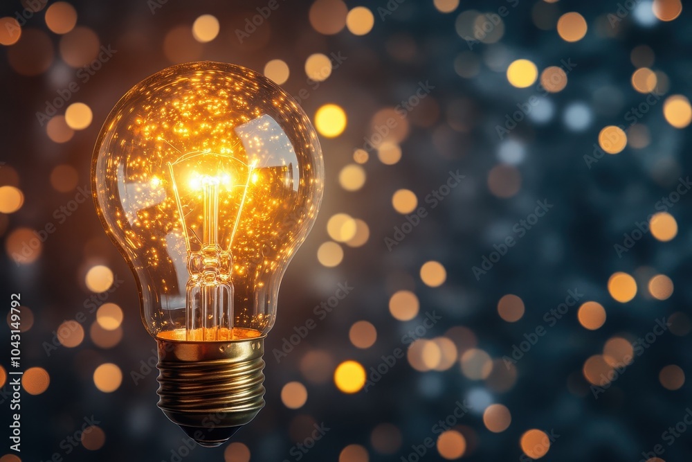A single glowing light bulb against a bokeh background. A single glowing light bulb against a bokeh background.