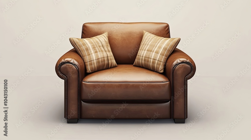 Fototapeta premium Brown Leather Armchair with Two Plaid Pillows