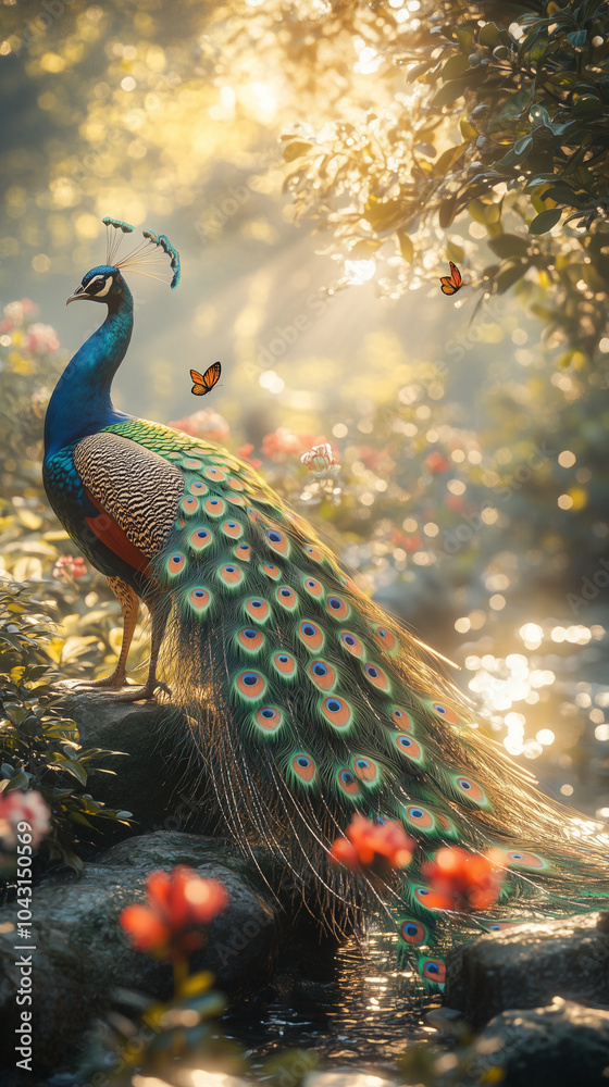 Fototapeta premium A vibrant peacock spreading its colorful feathers in a lush green garden.