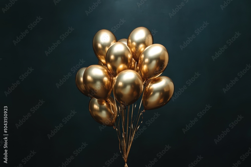 A bunch of shiny gold balloons against a dark background. A bunch of shiny gold balloons against a dark background.