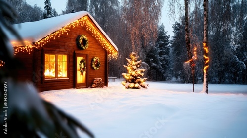 Cozy snow-covered cabin with glowing fireplace and festive wreaths in winter wonderland