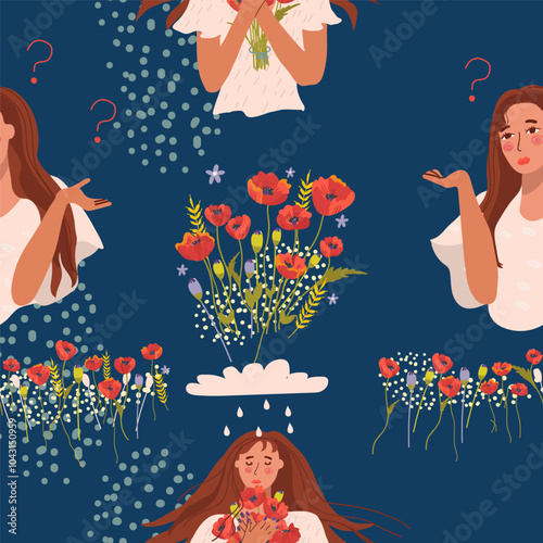 Seamless pattern with a woman, poppies. Symbol of menses. World Menopause Day. Gynecology. Women's health. Menopause symptoms. Hand drawn vector.
