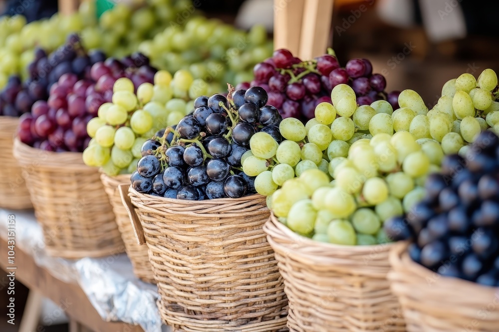 Fresh grapes in woven baskets at a market. Fresh grapes in woven baskets at a market.