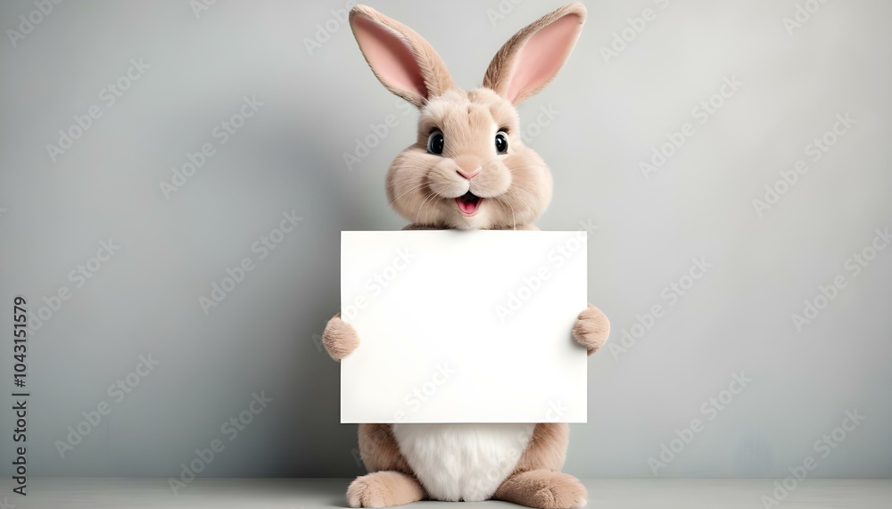 Fototapeta premium Cute easter bunny holding a blank sign with copy space for your promotional message