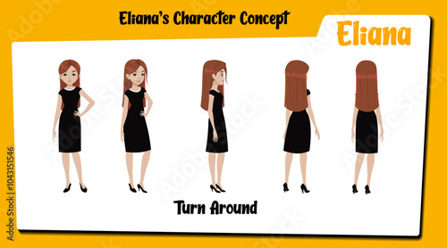 A businesswoman cartoon character turnaround modelsheet AKA Eliana. Pretty businesswoman cartoon character.