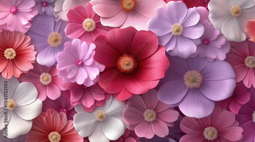 A vibrant background with a dense array of pink, red, and white flowers in various shades, creating a beautiful and colorful floral pattern. A vibrant background with a dense array of pink, red, and white flowers in various shades, creating a beautiful and colorful floral pattern.