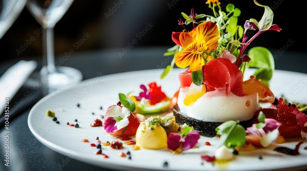 A stunning molecular gastronomy creation featuring vibrant foams and edible flowers A stunning molecular gastronomy creation featuring vibrant foams and edible flowers