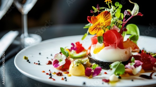 A stunning molecular gastronomy creation featuring vibrant foams and edible flowers