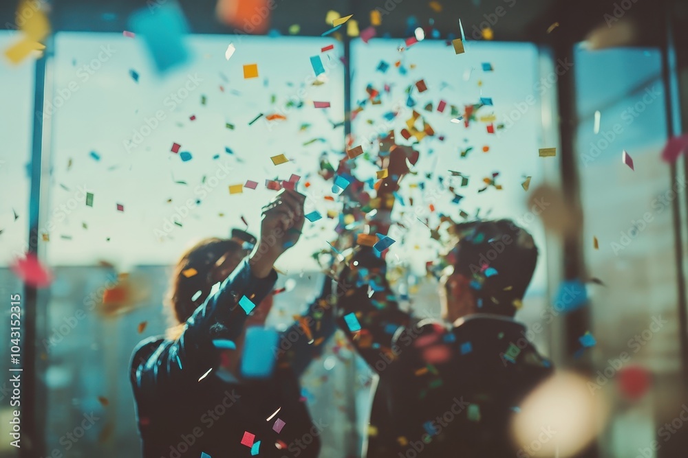 Obraz premium Two people celebrate with confetti and smiles.