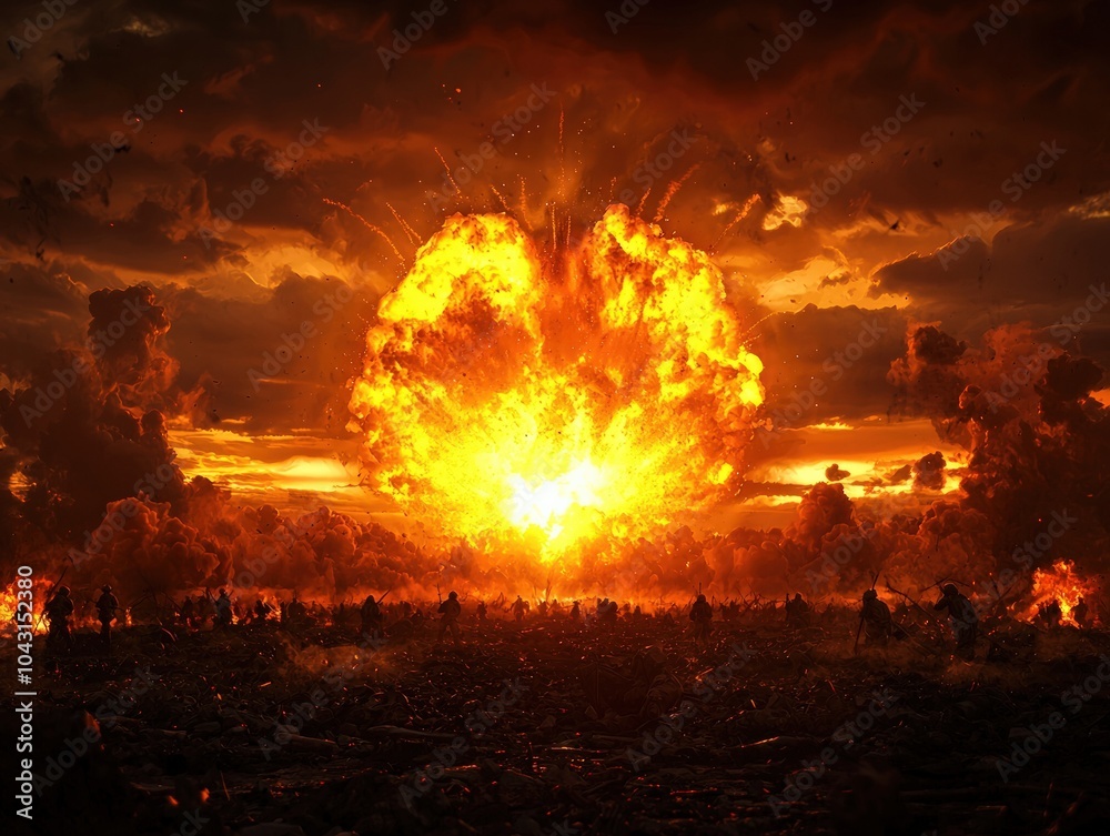 Cataclysmic Explosion Ignites the Sky Amidst a Chaotic Battlefield at Dusk Cataclysmic Explosion Ignites the Sky Amidst a Chaotic Battlefield at Dusk