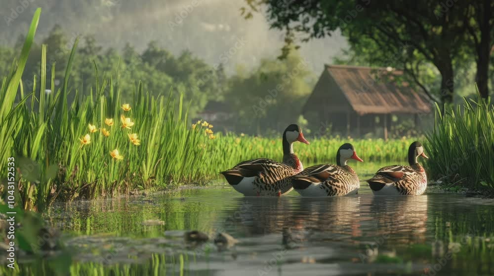 views of rice fields and swimming ducks . seamless looping time-lapse virtual video Animation Background.