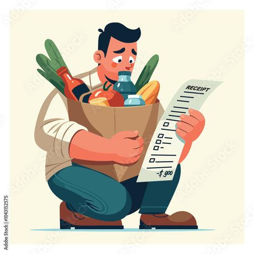 A man with a grocery bag is very upset that he spent unexpectedly a lot of money. Vector illustration in a flat style.