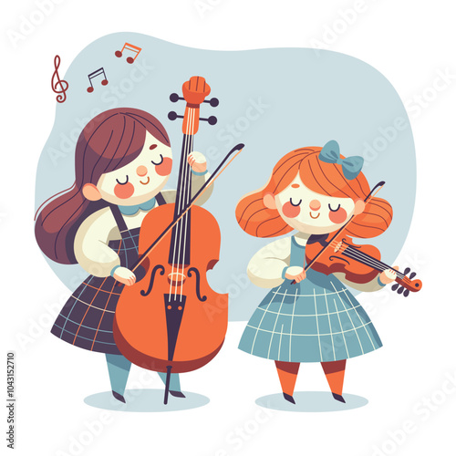 Two cute girls, a duet of musicians playing the violin and cello. Vector illustration in flat style.