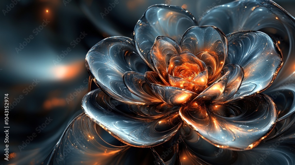 Obraz premium A close-up of a silver and orange metallic flower with glowing centers.
