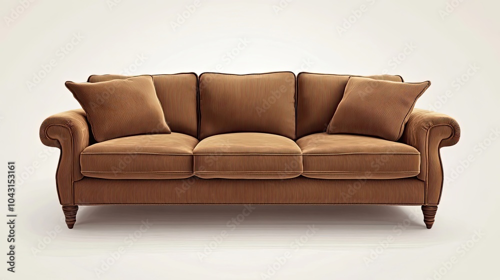Fototapeta premium Brown Corduroy Sofa with Rolled Arms and Three Cushions