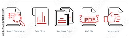 A set of 5 mix icons as search document, flow chart, duplicate copy