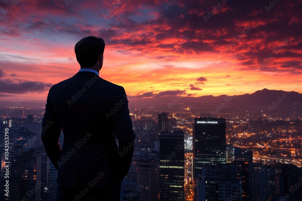 Fototapeta premium Businessman in suit looking out at city skyline at sunset.