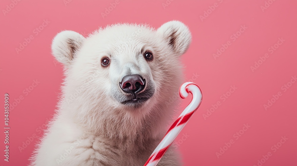 A cute polar bear holds a candy cane against a pink background, creating a whimsical and festive atmosphere. A cute polar bear holds a candy cane against a pink background, creating a whimsical and festive atmosphere.