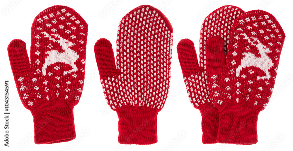 Red knitted mittens with white reindeer pattern isolated on white Red knitted mittens with white reindeer pattern isolated on white