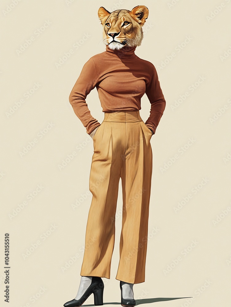 Obraz premium Female lion in a fashionable turtleneck and wide-leg trousers on a beige background.