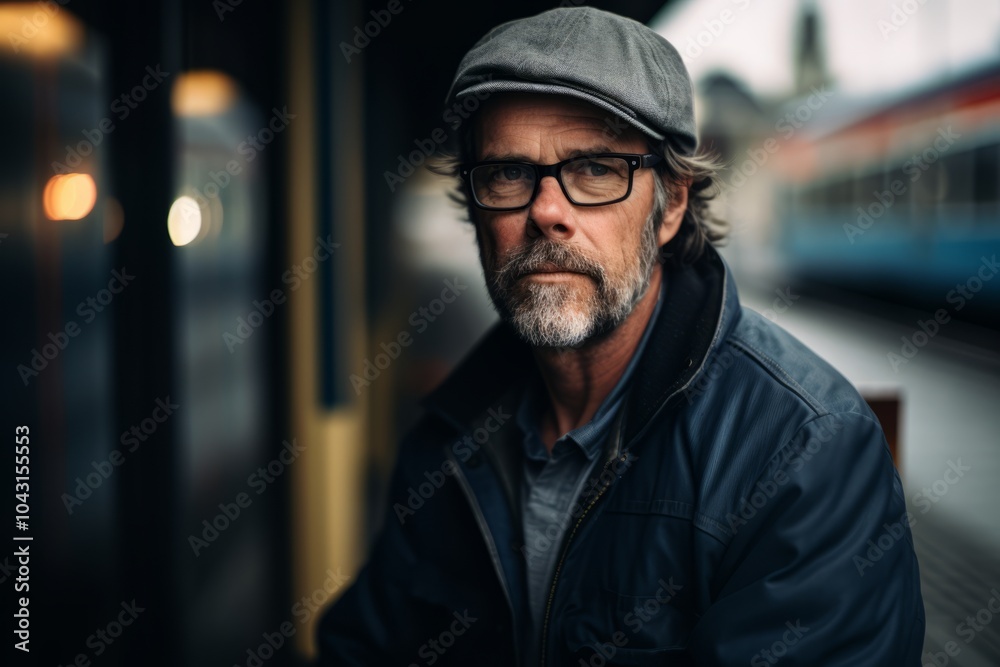 Portrait of a senior man with a gray beard, wearing a cap and jacket, standing in a subway station. Portrait of a senior man with a gray beard, wearing a cap and jacket, standing in a subway station.