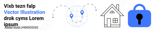 Text on the left with two map pins on a globe, a house and a padlock. Ideal for technology, location services, real estate, home security, and digital safety. Banner for landing page