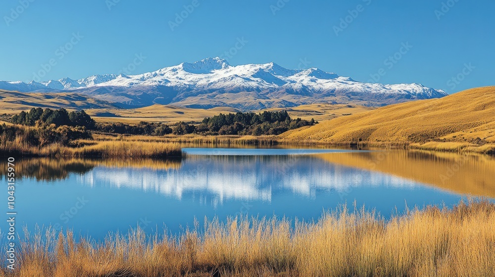 Obraz premium A tranquil lake with snow-capped mountains in the distance, reflected in the still water.