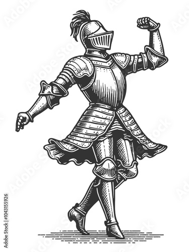 knight in full armor dancing joyfully, medieval imagery with playful, humorous elements sketch engraving generative ai vector illustration. Scratch board imitation. Black and white image.