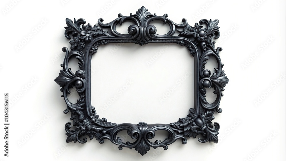 Elegant black baroque frame on white background with copy space minimalist