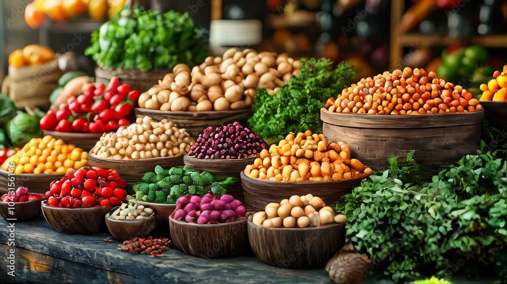 Vibrant display of fresh vegetables, beans, and greens in wooden bowls, representing healthy eating, sustainability, and organic food Vibrant display of fresh vegetables, beans, and greens in wooden bowls, representing healthy eating, sustainability, and organic food