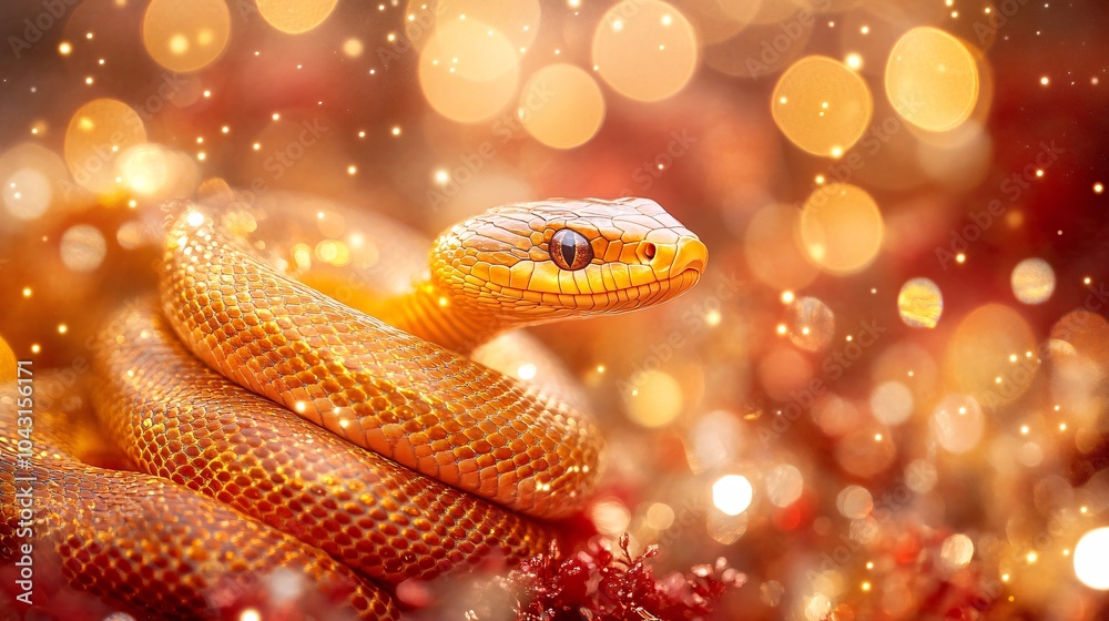 A golden snake elegantly coiled amidst a backdrop of vibrant fireworks and sparkling lights with deep red and gold hues creating a festive atmosphere Stock Photo with side copy space A golden snake elegantly coiled amidst a backdrop of vibrant fireworks and sparkling lights with deep red and gold hues creating a festive atmosphere Stock Photo with side copy space