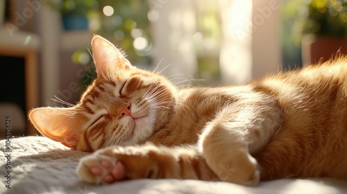 A serene portrait of a relaxed cat enjoying sunlight indoors with paws in view