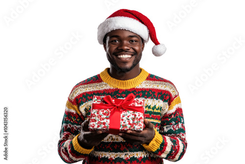 Smiling African man in Christmas sweater and Santa hat holding gift box isolated on a transparent background