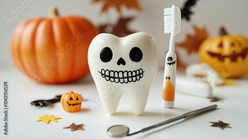 A tooth figurine in a skeleton costume, paired with spooky Halloween decor and dental tools like floss and a toothbrush, set on a white background.