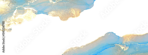 
Horizontal background with blue waves and golden lines. Abstract sea, ocean view. Elegant, chic backdrop, cover, card, invitation, business style design. Glitter sparkles, golden powder. Alcohol ink.