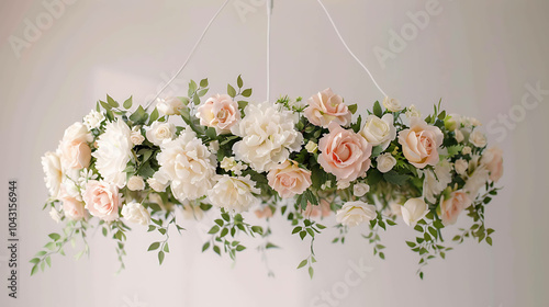 A beautiful floral arrangement of white and pink roses and peonies, with green leaves.
