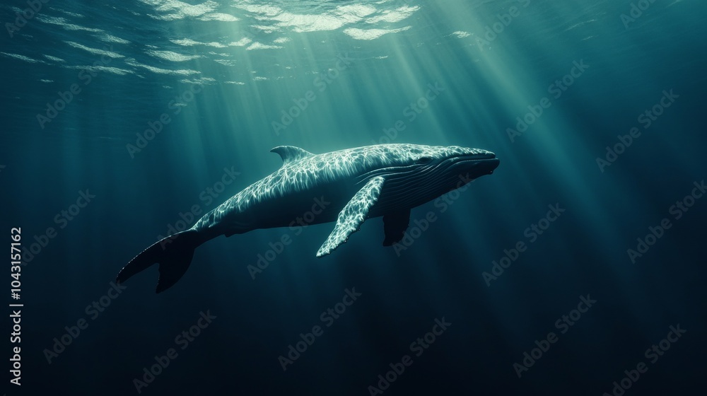 A whale is swimming in the ocean with the sun shining on it A whale is swimming in the ocean with the sun shining on it