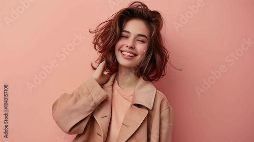 Beautiful young woman with long brown hair wearing a stylish beige coat. She is smiling and looking at the camera.