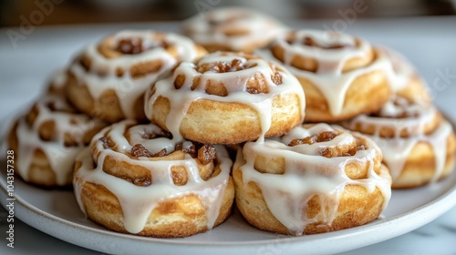 Delicious cinnamon raisin rolls, with sugar frosting drizzle on top. Close-up moist and fresh textures. Cinnamon buns.