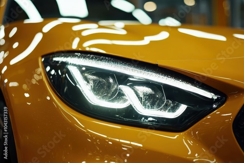 Close-up of a yellow car's headlight. photo