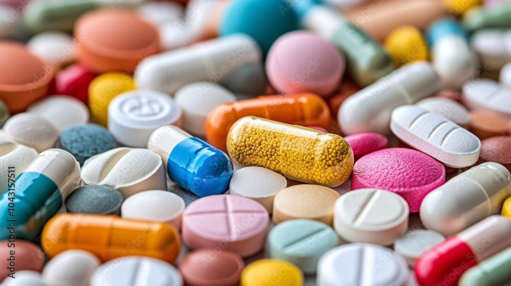 Close up of Assorted Pills and Capsules Pharmacy Medicine Healthcare Concept Close up of Assorted Pills and Capsules Pharmacy Medicine Healthcare Concept