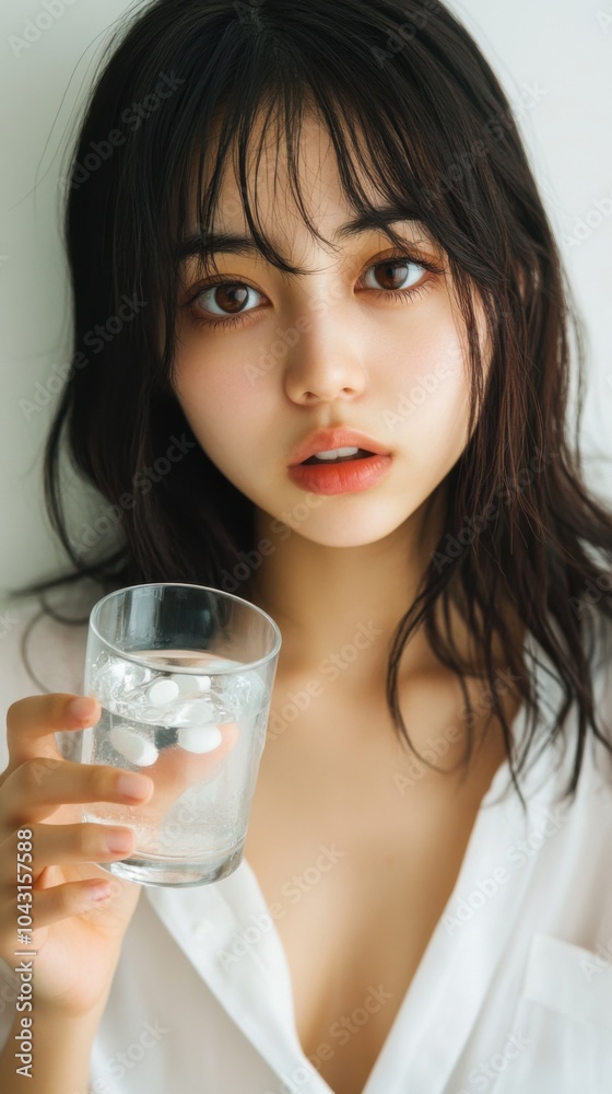 健康とスキンケアを促進するためにコップ一杯の水を持つ若い女性のさわやかな水分補給のコンセプト 健康とスキンケアを促進するためにコップ一杯の水を持つ若い女性のさわやかな水分補給のコンセプト