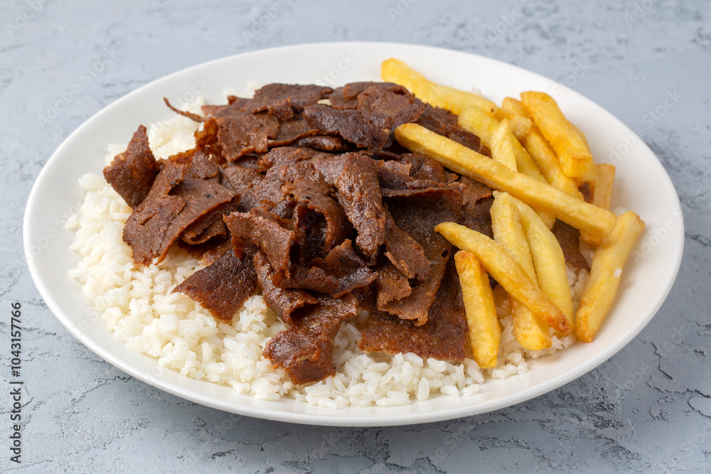 Meat doner menu, iskender menu on plate, turkish special meat doner, food, special menu (Turkish name; pilav üstü et doner)