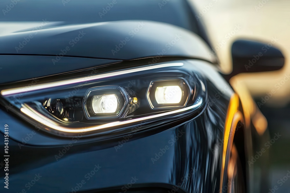Close-up of a car's headlights with a warm glow. Close-up of a car's headlights with a warm glow.
