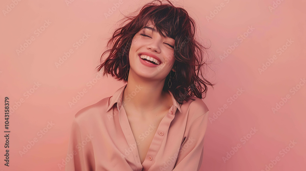 Beautiful young woman with short brown hair and a warm smile wearing a pink blouse against a pink background Beautiful young woman with short brown hair and a warm smile wearing a pink blouse against a pink background